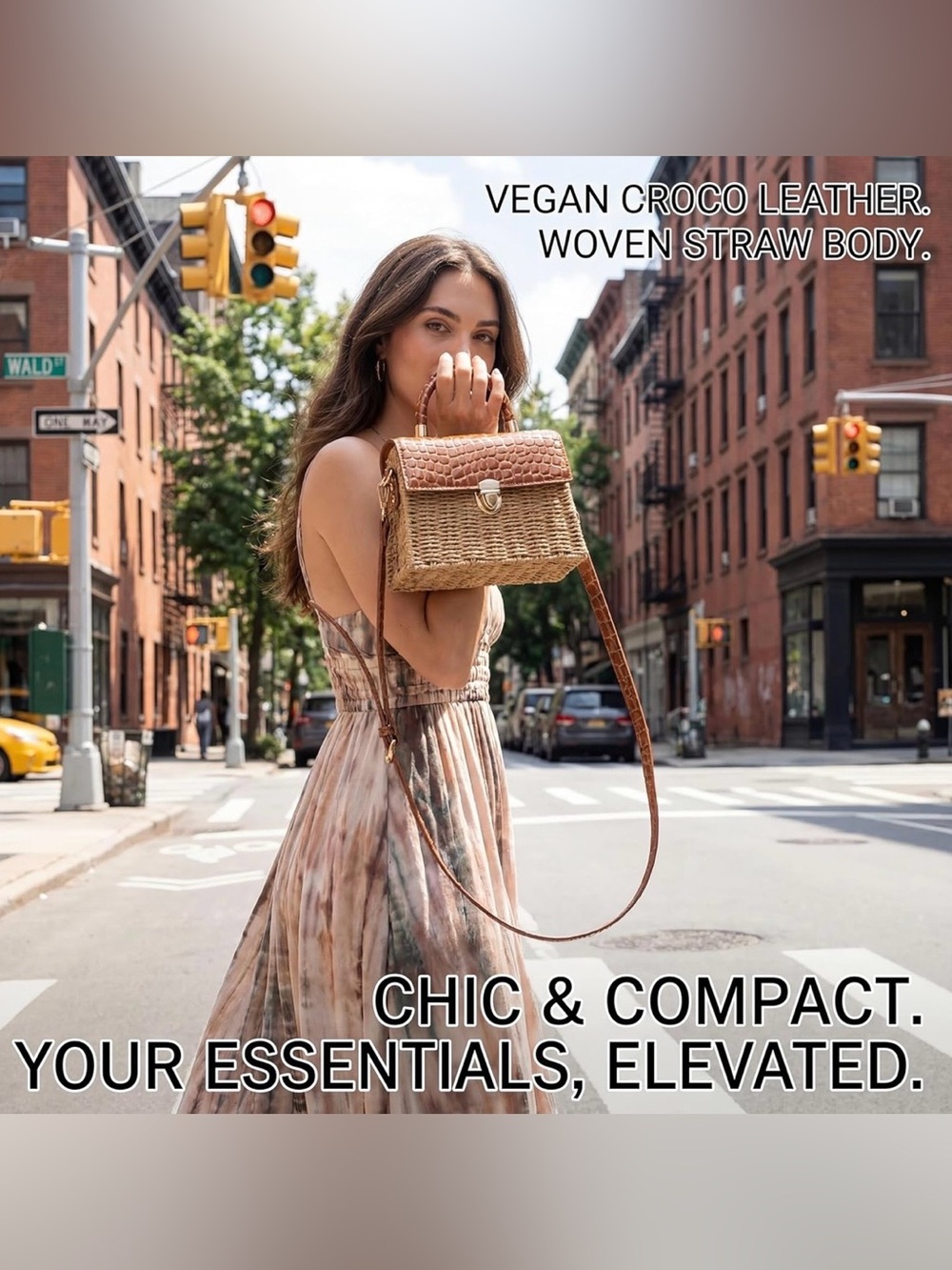 Vegan friendly faux croc crocodile leather rattan straw bohemian hand bag purse - Picture 3 of 7